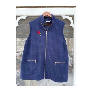Allison Daley Navy Blue Zip Vest Quilted 100% Cotton Gold Details Volup